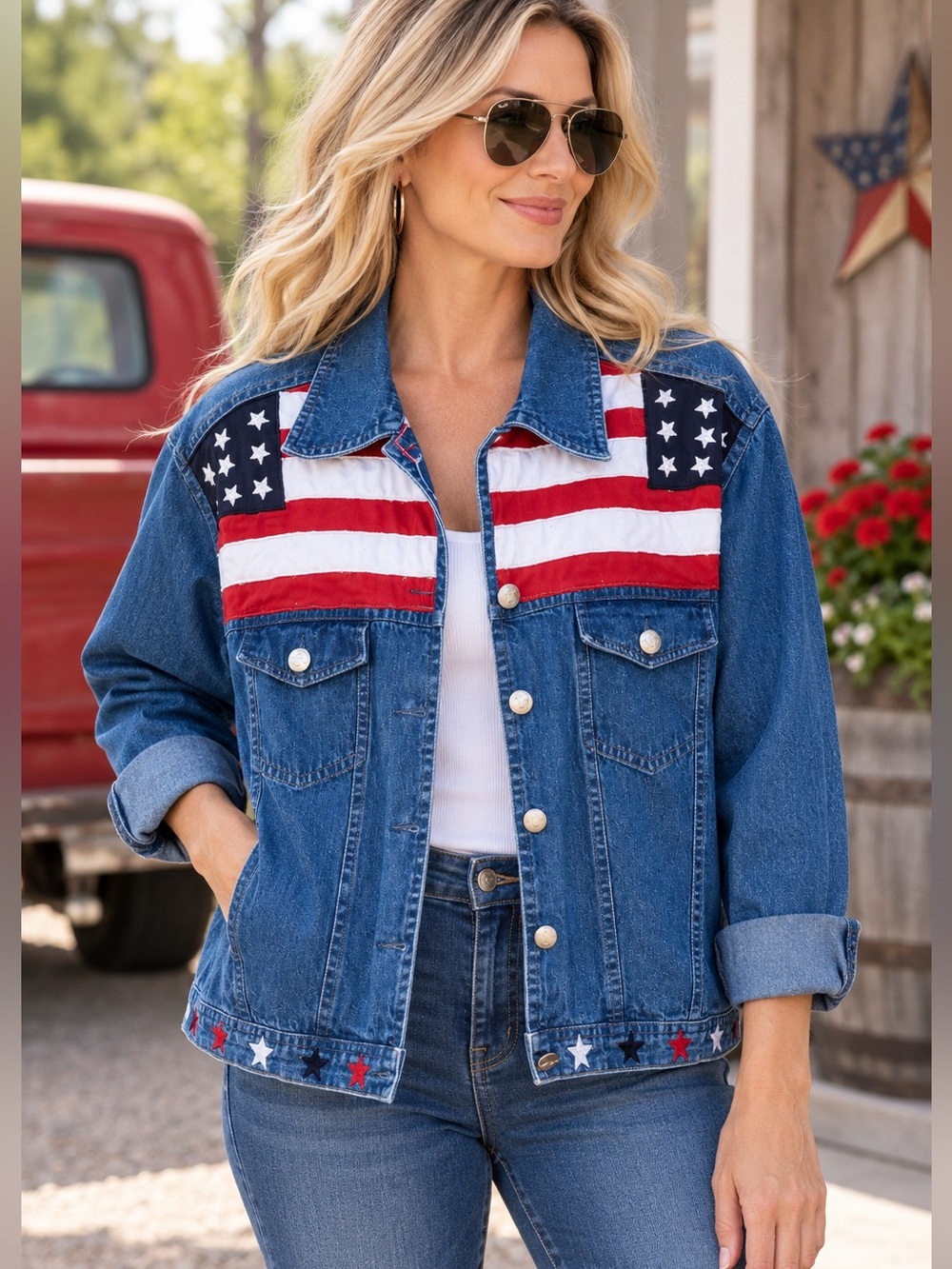 Vintage 90s New Direction Denim Jacket American Flag Stars Patriotic USA Large